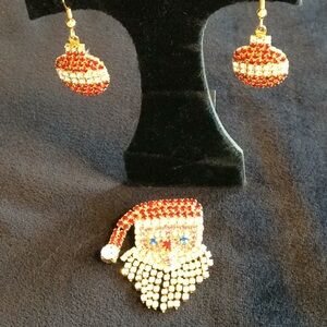 Vintage New 3D Santa Brooch & Ornament Earrings